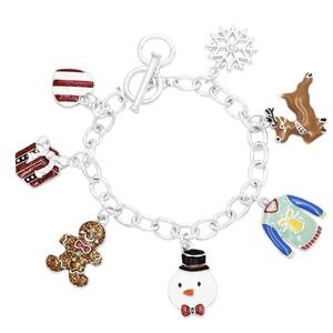 Christmas Charm Bracelet Silver‎ Charms 8" Holidays Snowman Gingerbread New